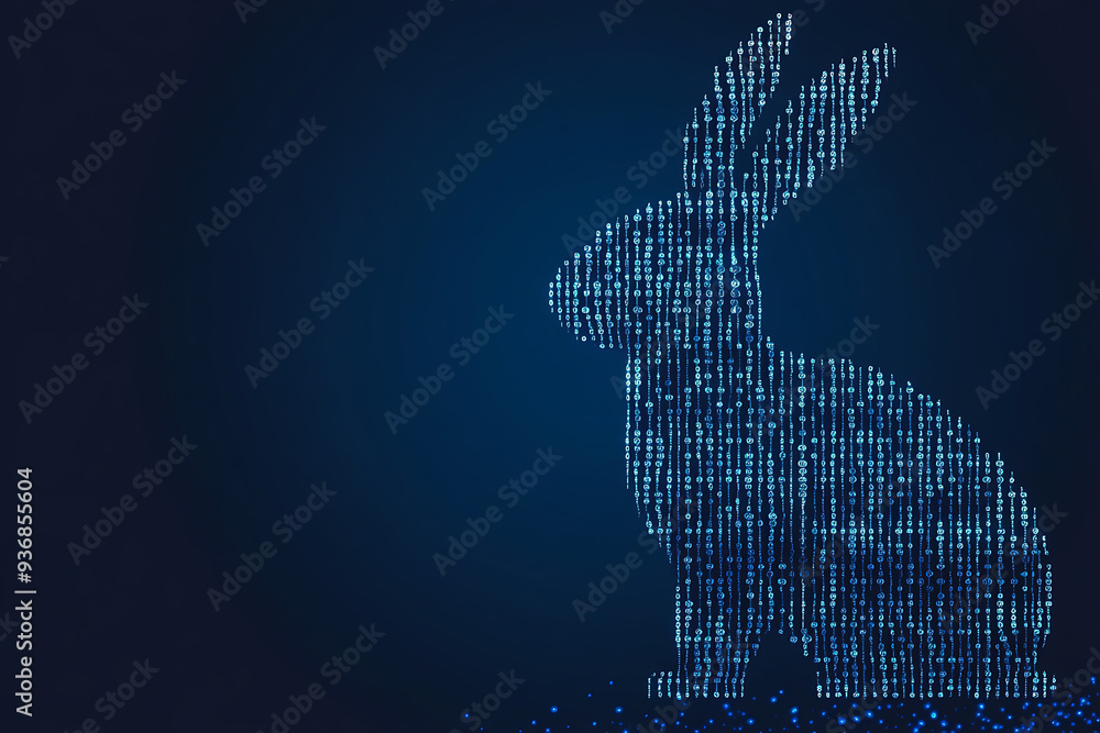 Wall mural a futuristic digital illustration of a rabbit silhouette, featuring a binary code pattern and glowin