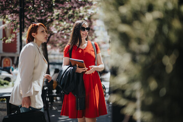 Obraz premium Two professional businesswomen engaged in a discussion outdoors with blooming trees in the background.