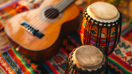 Musical Instruments: A close-up of traditional Hispanic instruments like the guitar and bongo drums, Hispanic Heritage Month, with copy space