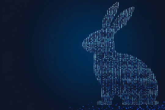 A futuristic digital illustration of a rabbit silhouette, featuring a binary code pattern and glowing effects on a white background.

