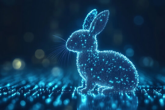 A futuristic digital illustration of a rabbit silhouette, featuring a binary code pattern and glowing effects on a white background.
