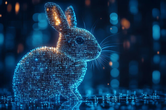 A futuristic digital illustration of a rabbit silhouette, featuring a binary code pattern and glowing effects on a white background.
