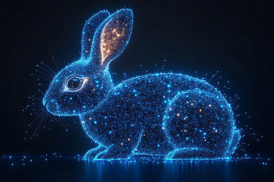 A futuristic digital illustration of a rabbit silhouette, featuring a binary code pattern and glowing effects on a white background.
