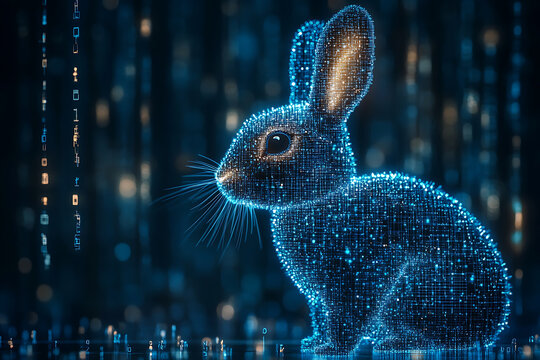 A futuristic digital illustration of a rabbit silhouette, featuring a binary code pattern and glowing effects on a white background.
