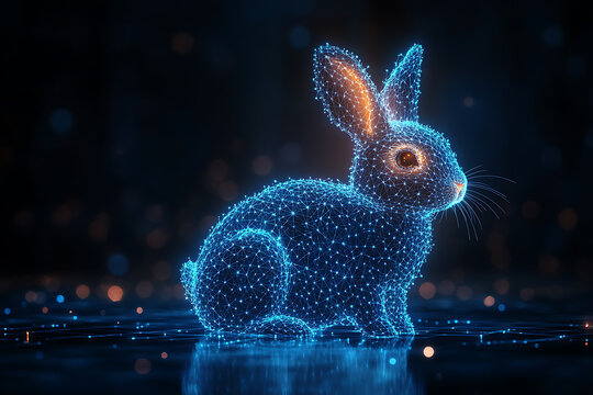 A futuristic digital illustration of a rabbit silhouette, featuring a binary code pattern and glowing effects on a white background.
