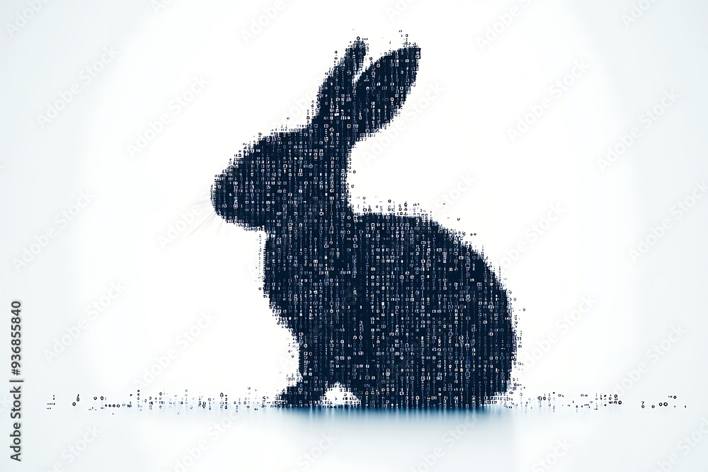 Sticker A futuristic digital illustration of a rabbit silhouette, featuring a binary code pattern and glowing effects on a white background.
