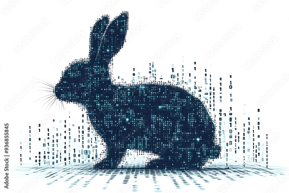 Wall mural a futuristic digital illustration of a rabbit silhouette, featuring a binary code pattern and glowin