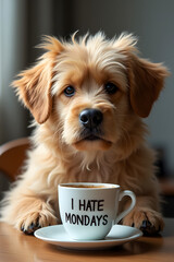 Cute puppy holding a coffee cup with "I Hate Mondays" text, capturing a humorous take on Monday blues. Perfect for illustrating relatable pet and coffee content.
