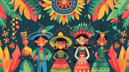 Fototapeta premium Folklore and Legends: Illustrations of famous Hispanic folklore characters, Hispanic Heritage Month, with copy space