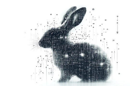 A futuristic digital illustration of a rabbit silhouette, featuring a binary code pattern and glowing effects on a white background.
