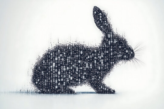 A futuristic digital illustration of a rabbit silhouette, featuring a binary code pattern and glowing effects on a white background.
