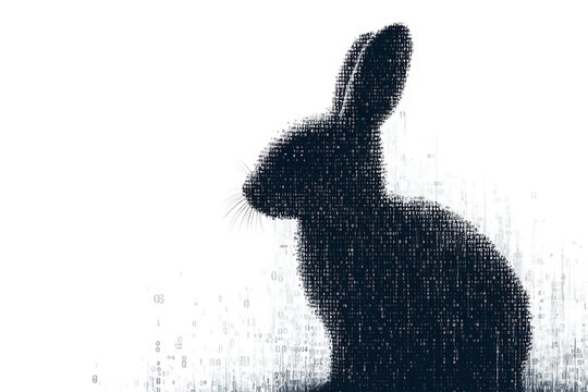 A futuristic digital illustration of a rabbit silhouette, featuring a binary code pattern and glowing effects on a white background.
