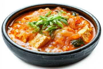 Kimchi Jjigae , A stew made with kimchi, tofu, pork, and various vegetables, often seasoned with gochujang or doenjang (fermented soybean paste). Isolated on White Background