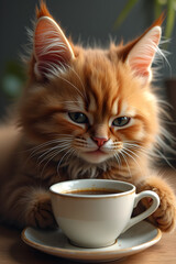 Cute kitten enjoying a cup of coffee, creating a cozy and adorable moment. Perfect for illustrating pet-friendly spaces, morning routines, or relaxing vibes.
