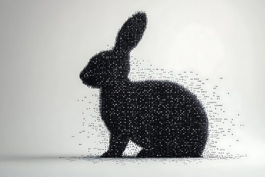 A futuristic digital illustration of a rabbit silhouette, featuring a binary code pattern and glowing effects on a white background.
