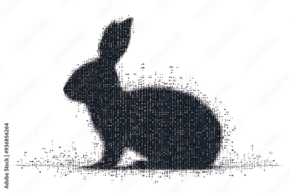 Poster a futuristic digital illustration of a rabbit silhouette, featuring a binary code pattern and glowin