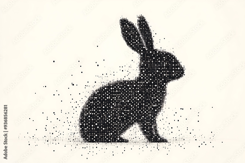 Poster a futuristic digital illustration of a rabbit silhouette, featuring a binary code pattern and glowin