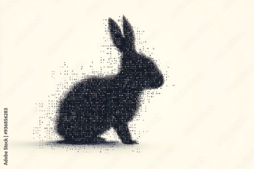 Poster a futuristic digital illustration of a rabbit silhouette, featuring a binary code pattern and glowin