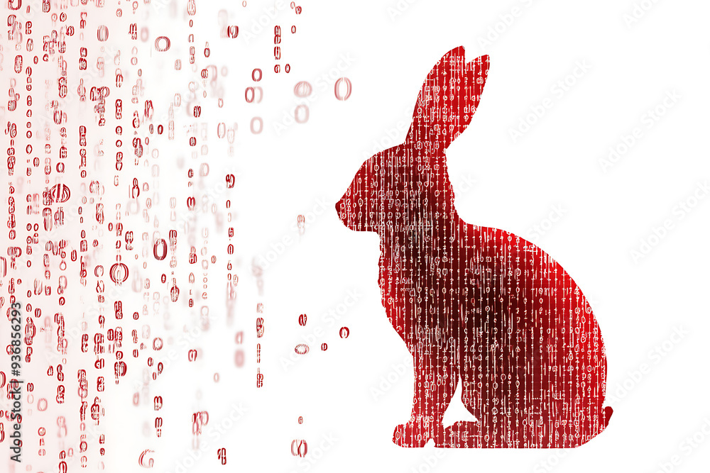 Poster a futuristic digital illustration of a rabbit silhouette, featuring a binary code pattern and glowin