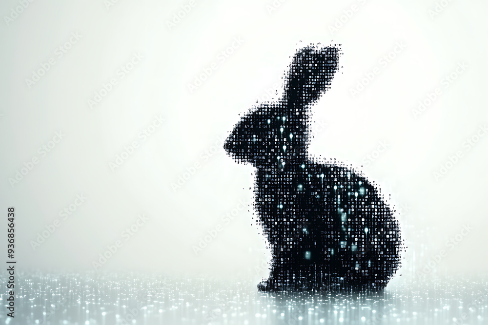 Poster a futuristic digital illustration of a rabbit silhouette, featuring a binary code pattern and glowin