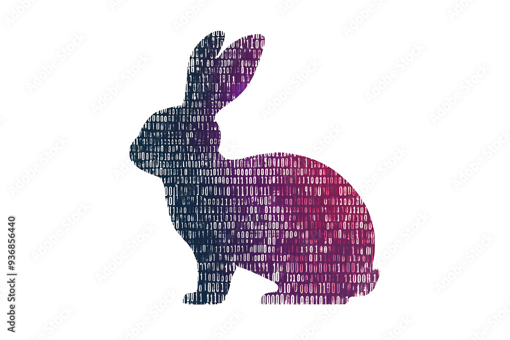Poster a futuristic digital illustration of a rabbit silhouette, featuring a binary code pattern and glowin