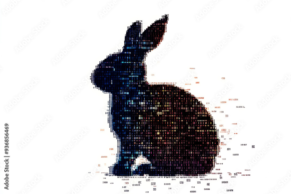 Poster a futuristic digital illustration of a rabbit silhouette, featuring a binary code pattern and glowin