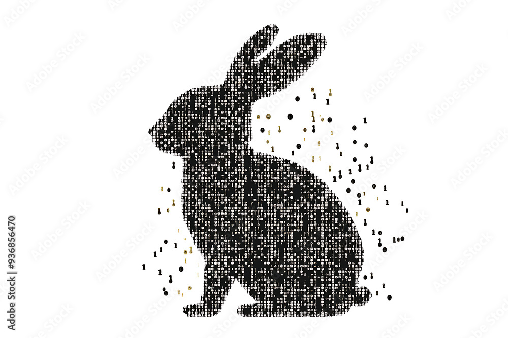 Poster a futuristic digital illustration of a rabbit silhouette, featuring a binary code pattern and glowin