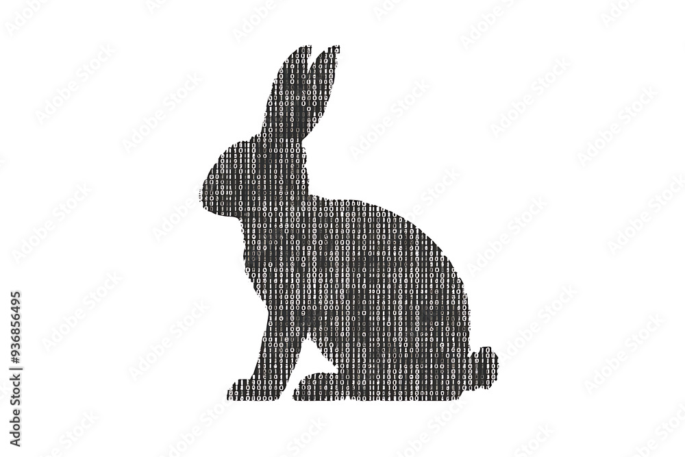 Poster a futuristic digital illustration of a rabbit silhouette, featuring a binary code pattern and glowin