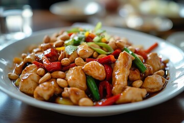 Kung Pao Chicken, A spicy, stir-fried chicken dish made with peanuts, vegetables, and chili peppers.