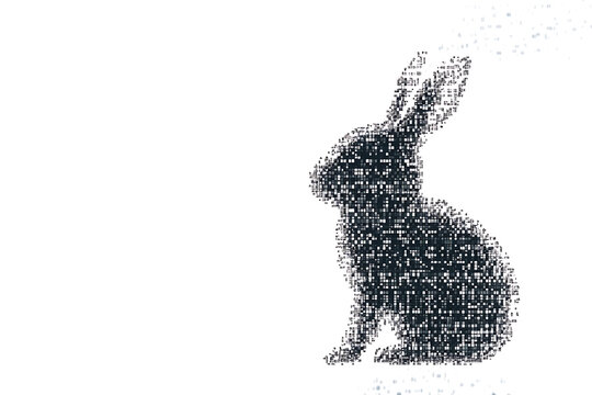 A futuristic digital illustration of a rabbit silhouette, featuring a binary code pattern and glowing effects on a white background.
