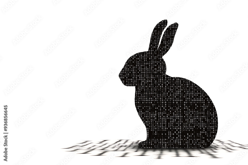 Poster a futuristic digital illustration of a rabbit silhouette, featuring a binary code pattern and glowin