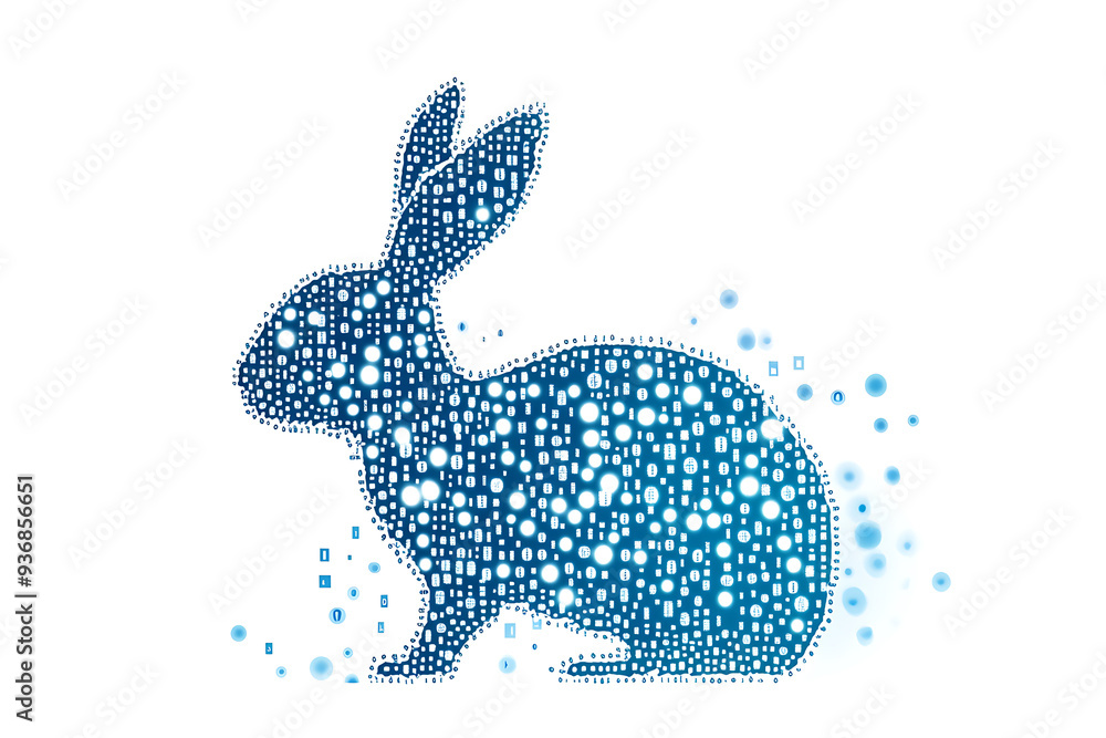 Poster a futuristic digital illustration of a rabbit silhouette, featuring a binary code pattern and glowin