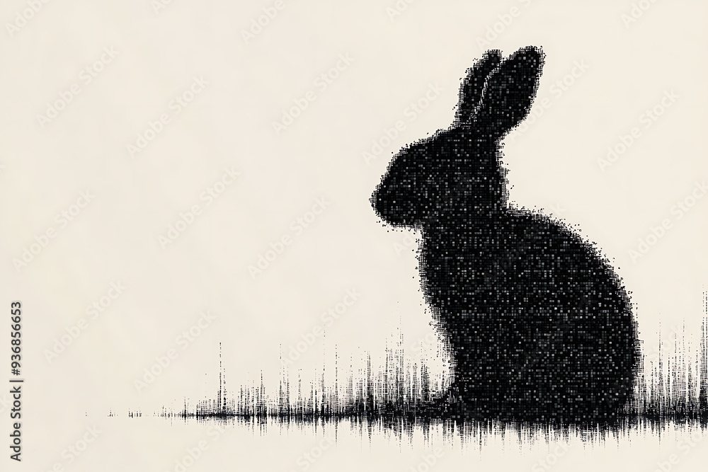 Poster a futuristic digital illustration of a rabbit silhouette, featuring a binary code pattern and glowin