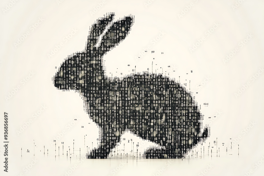 Poster a futuristic digital illustration of a rabbit silhouette, featuring a binary code pattern and glowin