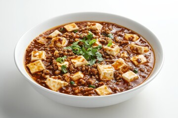 Mapo Tofu , A Sichuan dish made with tofu set in a spicy chili and bean paste sauce, typically containing minced meat. Isolated on White Background