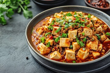 Mapo Tofu, A Sichuan dish made with tofu set in a spicy chili and bean paste sauce, typically containing minced meat.