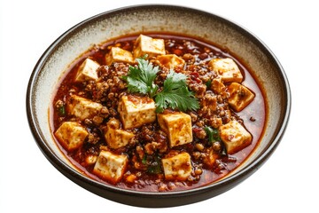 Mapo Tofu , A Sichuan dish made with tofu set in a spicy chili and bean paste sauce, typically containing minced meat. Isolated on White Background