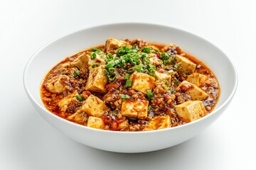 Mapo Tofu , A Sichuan dish made with tofu set in a spicy chili and bean paste sauce, typically containing minced meat. Isolated on White Background