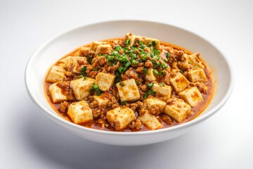 Mapo Tofu , A Sichuan dish made with tofu set in a spicy chili and bean paste sauce, typically containing minced meat. Isolated on White Background