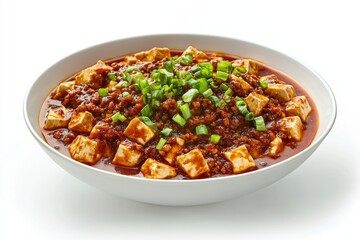 Mapo Tofu, A Sichuan dish made with tofu set in a spicy chili and bean paste sauce, typically containing minced meat. isolated on white background