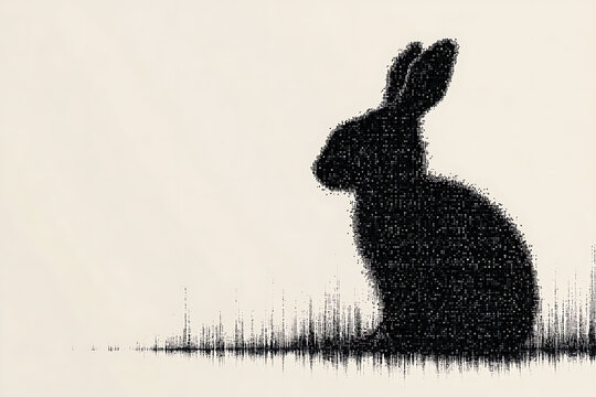 A futuristic digital illustration of a rabbit silhouette, featuring a binary code pattern and glowing effects on a white background.
