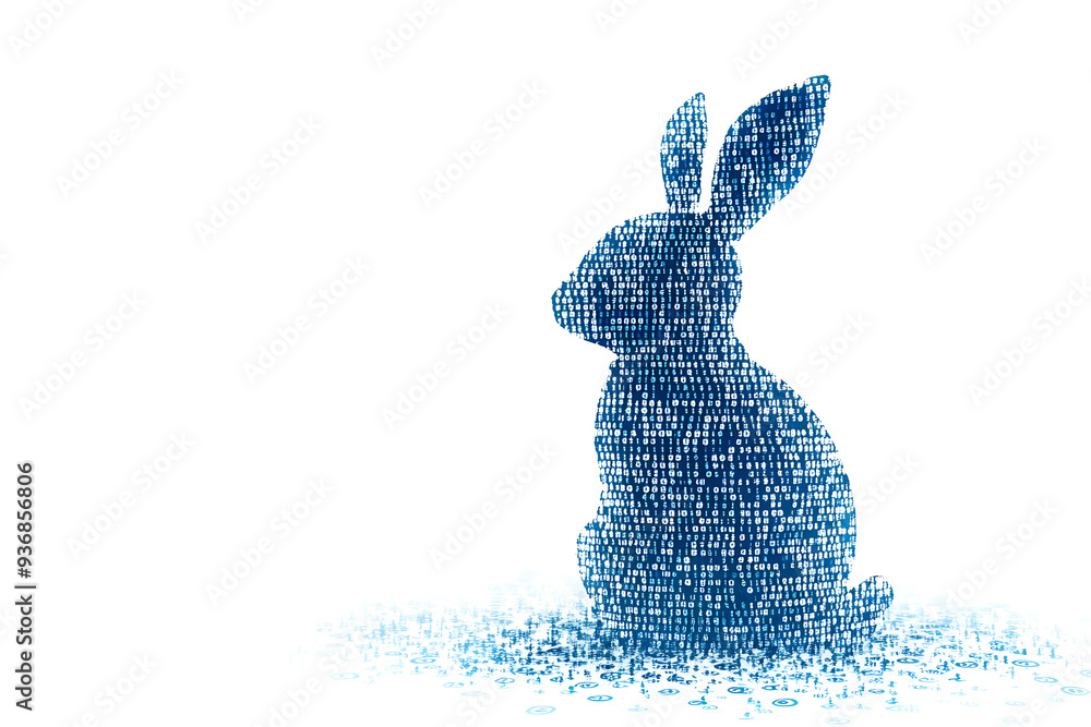 Poster a futuristic digital illustration of a rabbit silhouette, featuring a binary code pattern and glowin