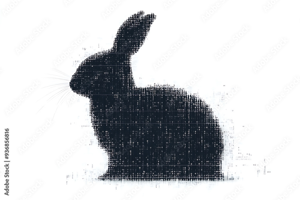 Poster a futuristic digital illustration of a rabbit silhouette, featuring a binary code pattern and glowin