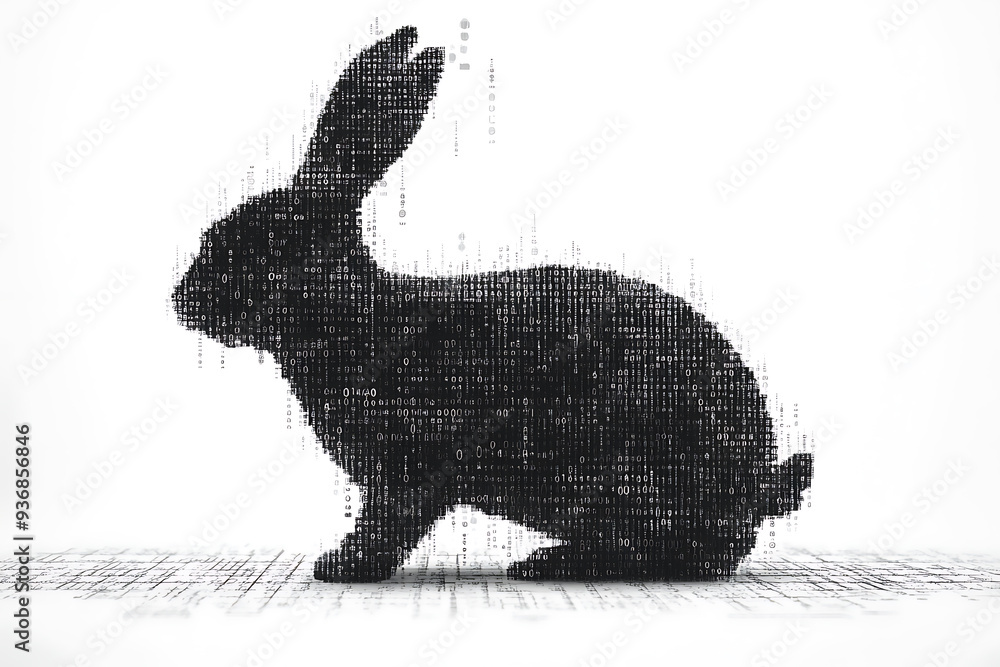 Wall mural a futuristic digital illustration of a rabbit silhouette, featuring a binary code pattern and glowin