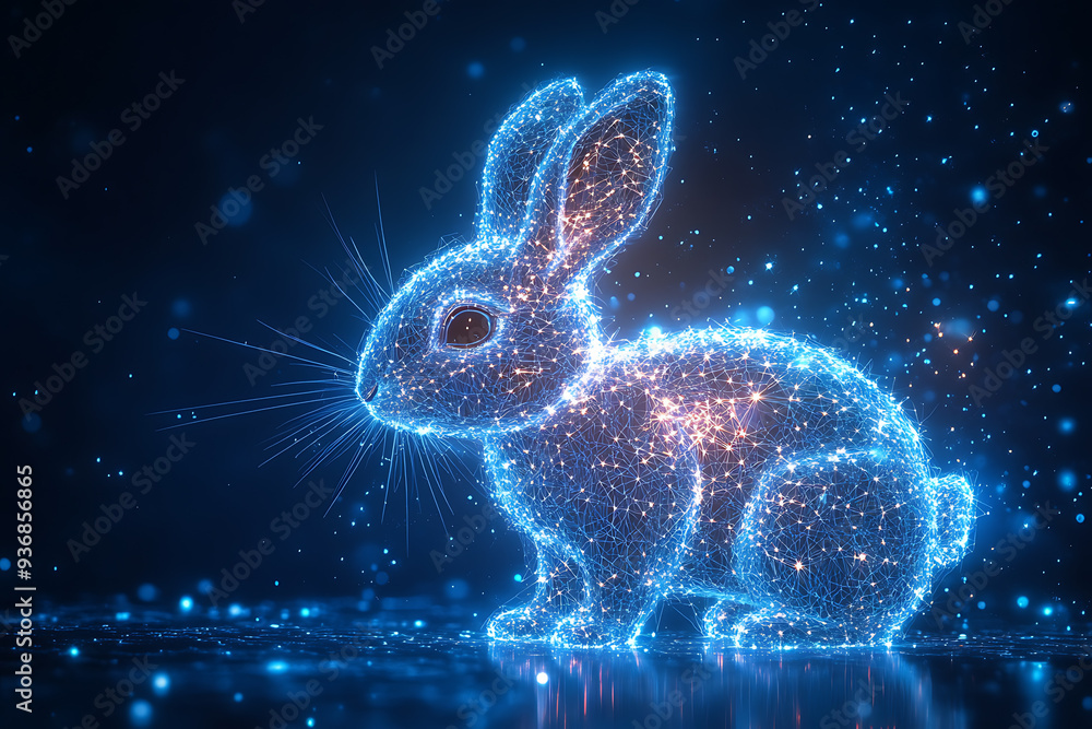 Poster a futuristic digital illustration of a rabbit silhouette, featuring a binary code pattern and glowin