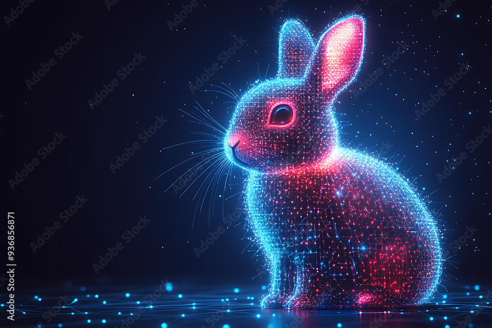 Poster a futuristic digital illustration of a rabbit silhouette, featuring a binary code pattern and glowin