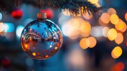 The glass ornament sparkles as it captures the vibrant glow of city lights during a joyful winter celebration