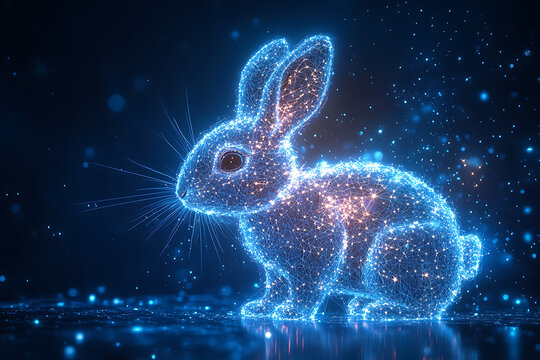 A futuristic digital illustration of a rabbit silhouette, featuring a binary code pattern and glowing effects on a white background.
