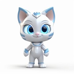 Fototapeta premium Cute Cartoon Robot Cat Illustration with Blue Accents and Big Eyes on White Background - Ideal for Children's Media, Animations, and Digital Art Projects