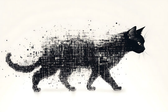 A digital illustration of a cat silhouette, featuring a binary code pattern against a white background, merging feline form with technology.

